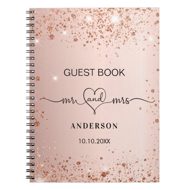Caderno Espiral livro convidado blush rosa gold glitter mr mrs (Frente)
