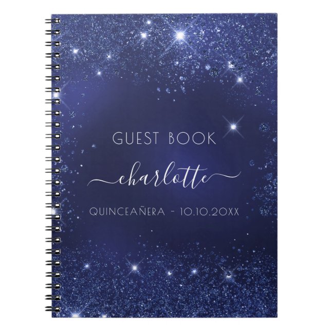 Caderno Espiral Livro convidado Glitter azul-marinho Quinceanera (Frente)
