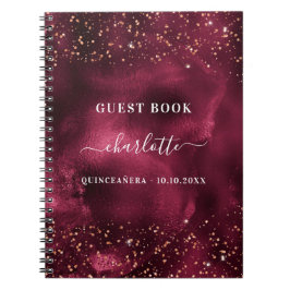 Caderno Espiral Livro convidado Quinceanera burgundy rosa dourada