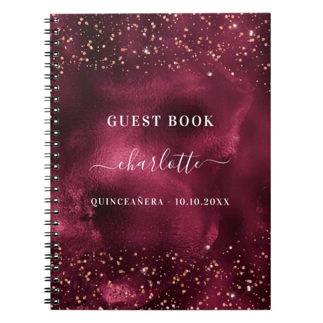 Caderno Espiral Livro convidado Quinceanera burgundy rosa dourada (Frente)