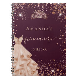 Caderno Espiral Livro convidado Quinceanera burgundy rosa gold tia