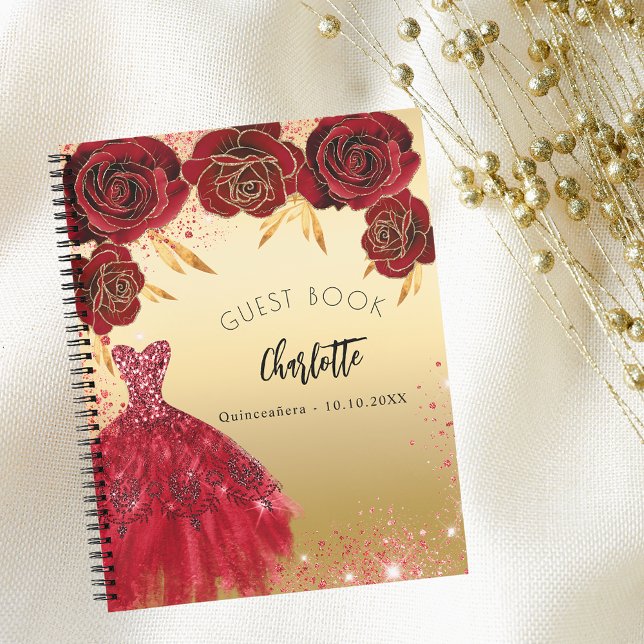 Caderno Espiral Livro convidado Quinceanera Red Gold Glitser vesti (Criador carregado)