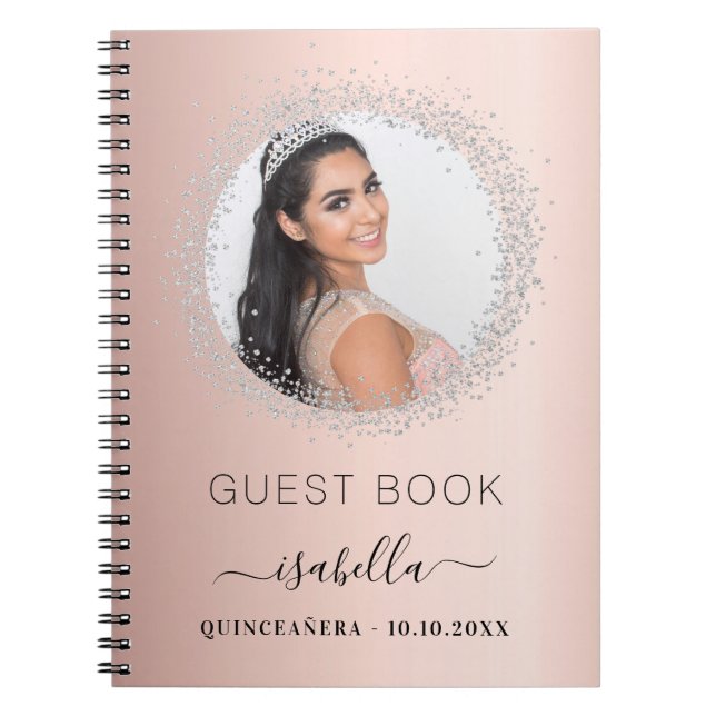 Caderno Espiral Livro convidado Quinceanera rosa dourada fotografi (Frente)