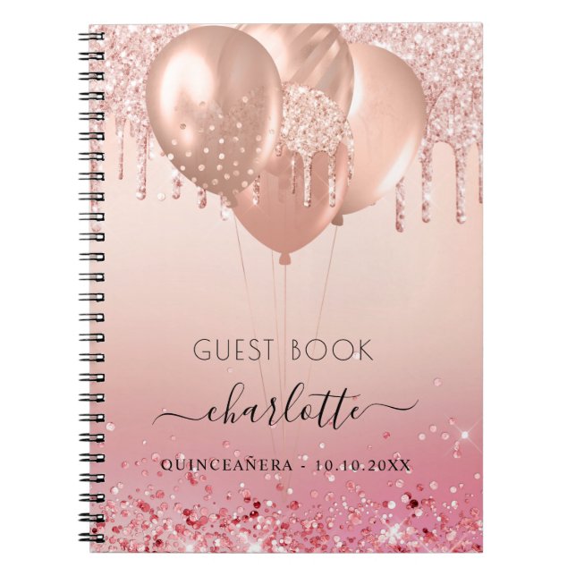 Caderno Espiral Livro convidado Quinceanera rosa dourado, brilho r (Frente)