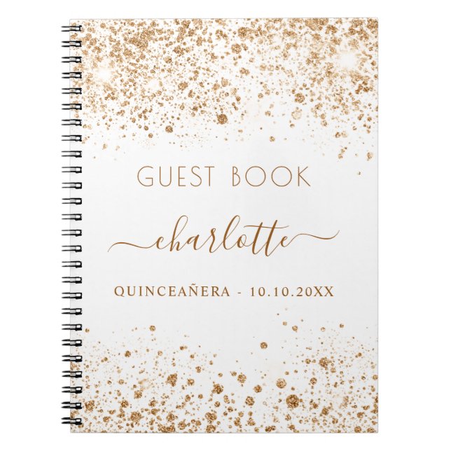 Caderno Espiral Livro convidado Quinceanera white gold glitname (Frente)