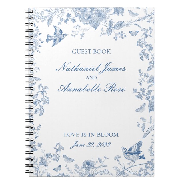 Caderno Espiral Livro de Convidados de Casamento Floral Blue Toile (Frente)