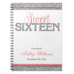 Caderno Espiral Livro de hóspedes coral do doce 16 da prata Glam