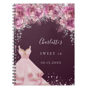 Caderno Espiral Livro de hóspedes florais de 16 cor-de-rosa doce