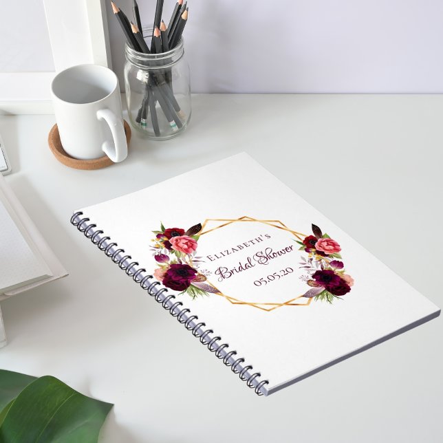 Caderno Espiral Livro de hóspedes floral burgundy branco chá de pa (Criador carregado)