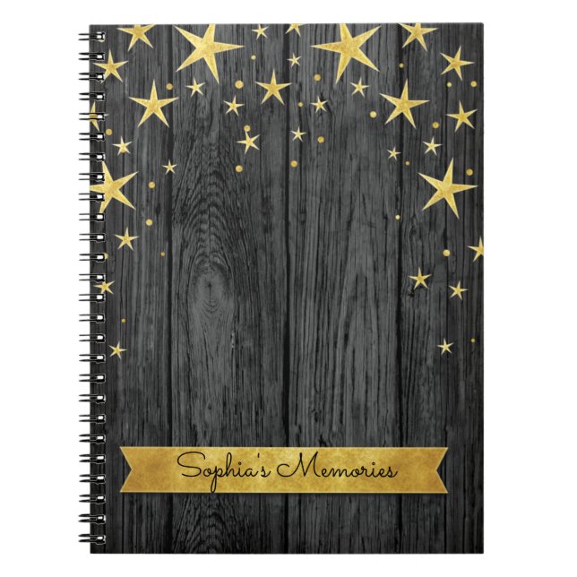 Caderno Espiral Livro de Memórias Elegantes Estrelas Preto e Doura (Frente)