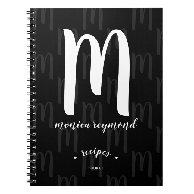 Caderno Espiral livro de receitas de monograma preto para cozinhei (Frente)