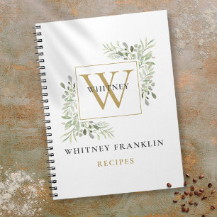 Caderno Espiral Livro de Receitas Monograma de Vegetação Dourada E