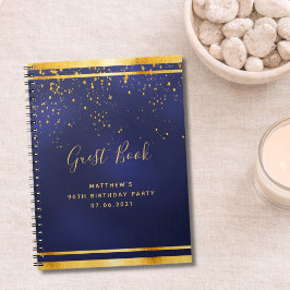 Caderno Espiral Livro de visitas azul dourado para festa de 90 ano