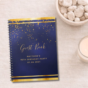 Caderno Espiral Livro de visitas azul dourado para festa de 90 ano