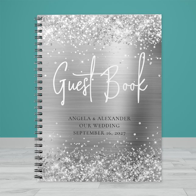 Caderno Espiral Livro de Visitas de Casamento Glamouroso Prateado  (Criador carregado)