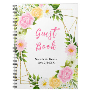 Caderno Espiral Livro de Visitas de Casamento Rosa e Amarelo Flora