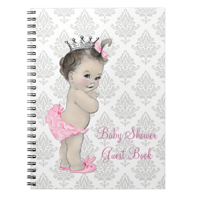 Caderno Espiral Livro de Visitas de Chá de Bebê Rosa Princesa Cinz (Frente)