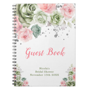 Caderno Espiral Livro de Visitas de Noiva com Flores Verdes e Rosa