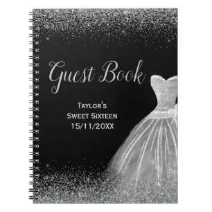 Caderno Espiral Livro de visitas de vestido prateado com brilho fa