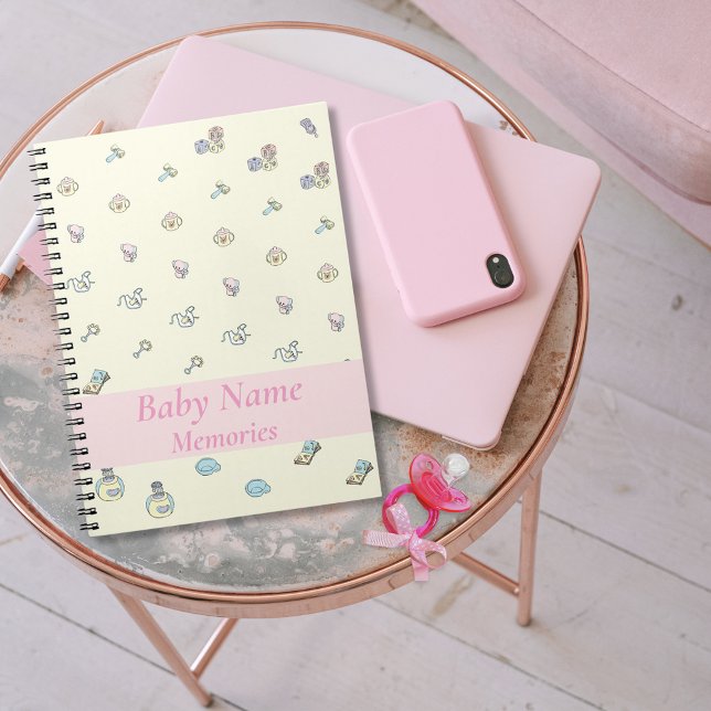 Caderno Espiral Livro Memórias Menina Menina Rosa Tema Rosa Adicio (Baby girl cute memories keepsake custom pink notebook)
