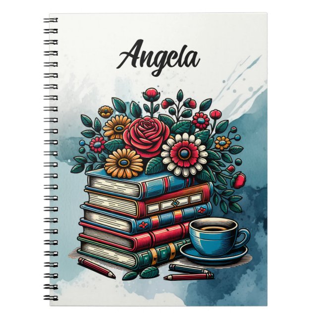 Caderno Espiral Livros, Café e Flores Personalizados (Frente)