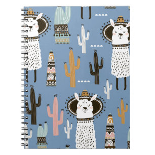 Caderno Espiral Llama, Cactus, Padrão De Elementos Desenhados À Mã