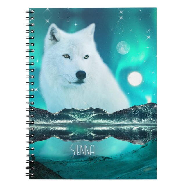 Caderno Espiral Lobo árctico e noite mágica com luzes nortes (Frente)