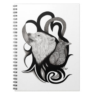 Caderno Espiral Lobo Branco com Arte Tribal Raven