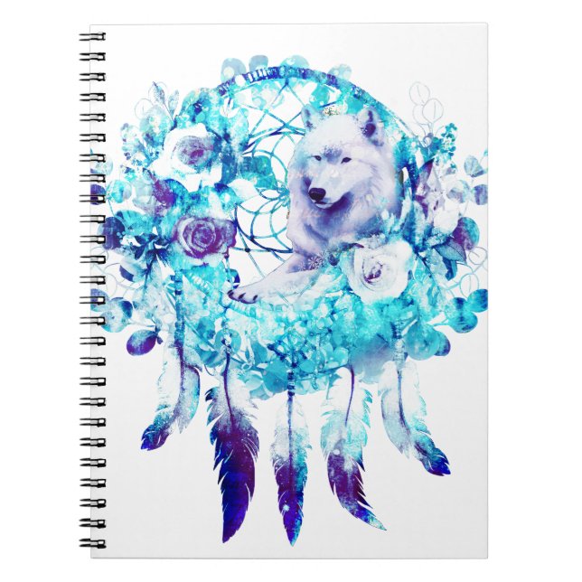 Caderno Espiral Lobo Branco Dreamcatcher Blue Floral (Frente)