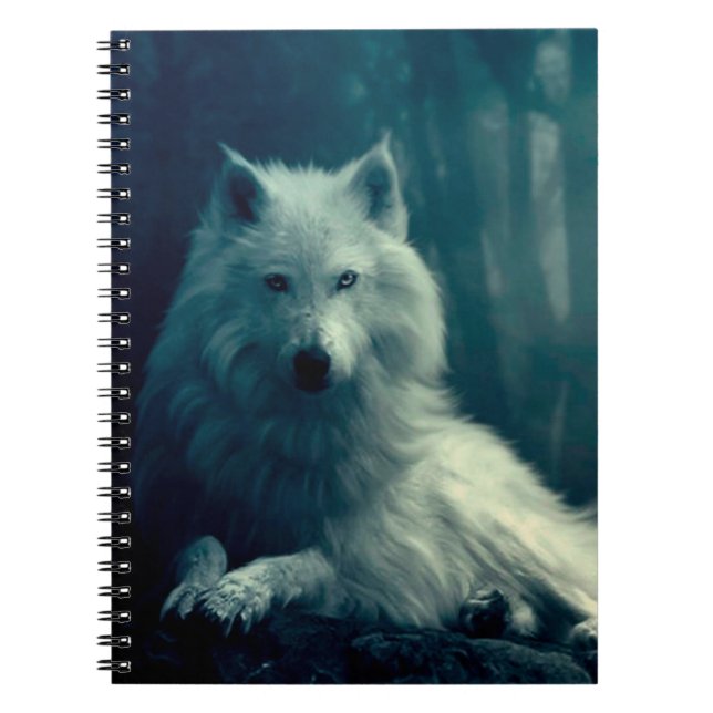 Caderno Espiral Lobo branco na floresta noturna (Frente)