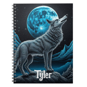 Caderno Espiral Lobo em Pé na Frente da Lua Cheia   Arte de IA
