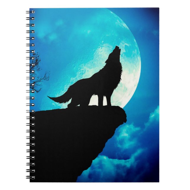 Caderno Espiral Lobo em silhueta uivando até a lua de cheio (Frente)