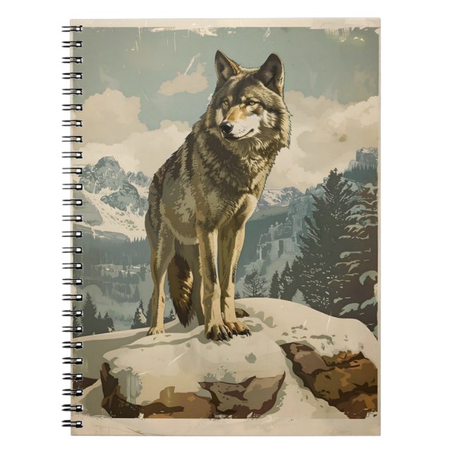 Caderno Espiral Lobo Majestoso em Snowy Rock (Frente)