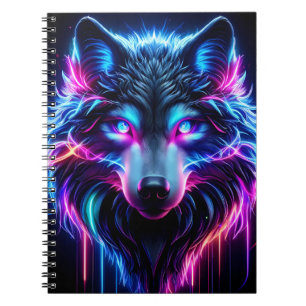 Caderno Espiral Lobo Neon Olhos Brilhantes Animal Futurista Cyberp