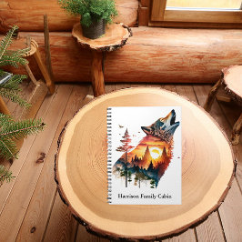 Caderno Espiral Lobo uivando dupla exposição pôr do sol personaliz