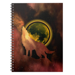 CADERNO ESPIRAL LOBO UIVANDO NO ESPAÇO LUA GALÁXIA