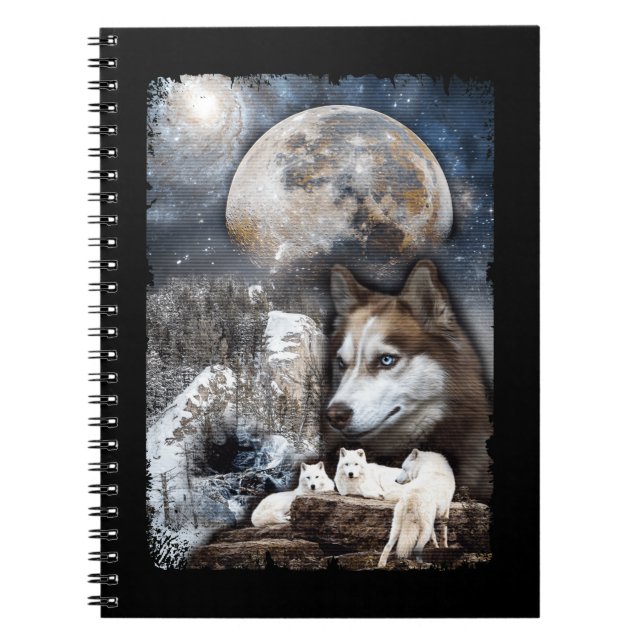 Caderno Espiral Lobos das Montanhas do inverno da Família Wolf Moo (Frente)