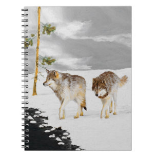 Caderno Espiral Lobos na Pintura da Neve - Arte Original sobre a V