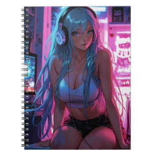 Caderno Espiral Lofi Gamer Girl   Estética de animação de calha