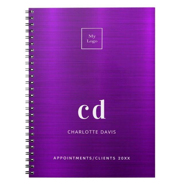 Caderno Espiral Logotipo comercial monograma metálico roxo (Frente)