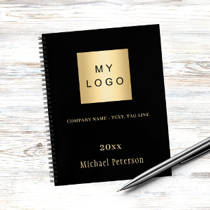 Caderno Espiral Logotipo empresarial preto dourado nome ano