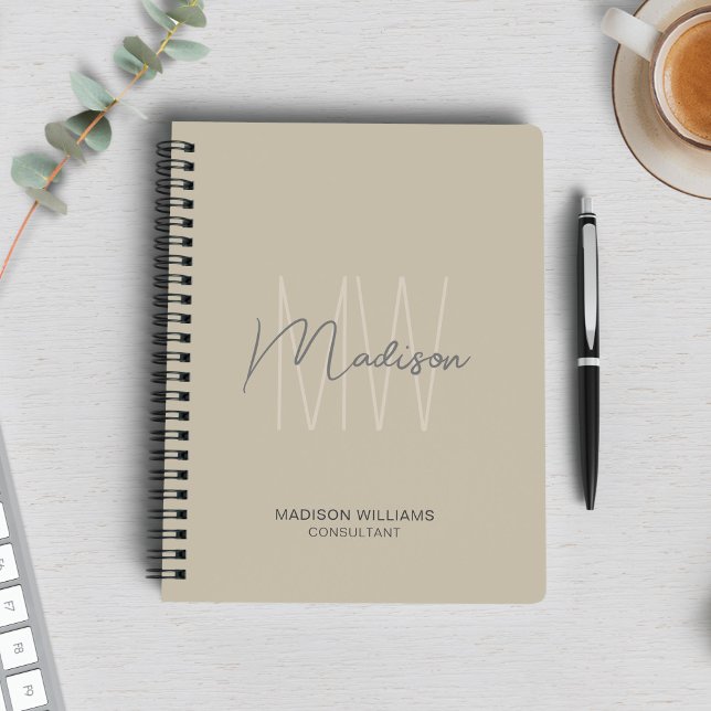 Caderno Espiral Logotipo Monograma Moderno Bege Consultor (Modern Monogram Logo Beige Consultant Notebook)