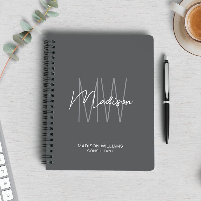 Caderno Espiral Logotipo Monograma Moderno Cinza Consultor (Modern Monogram Logo Gray Consultant Notebook)