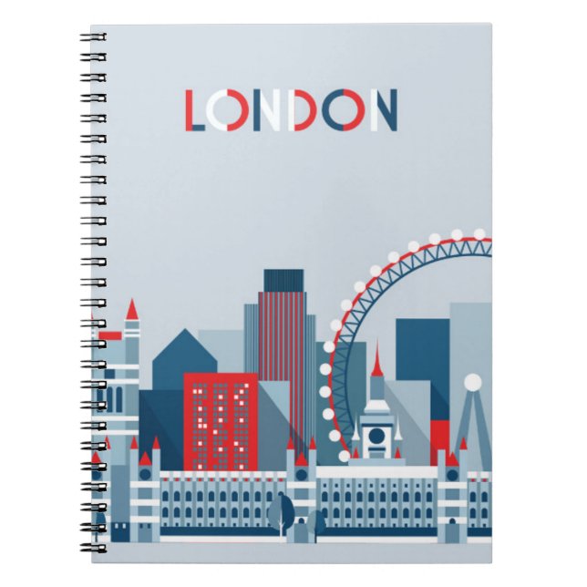 Caderno Espiral Londres, Inglaterra skyline vermelha, branca e (Frente)