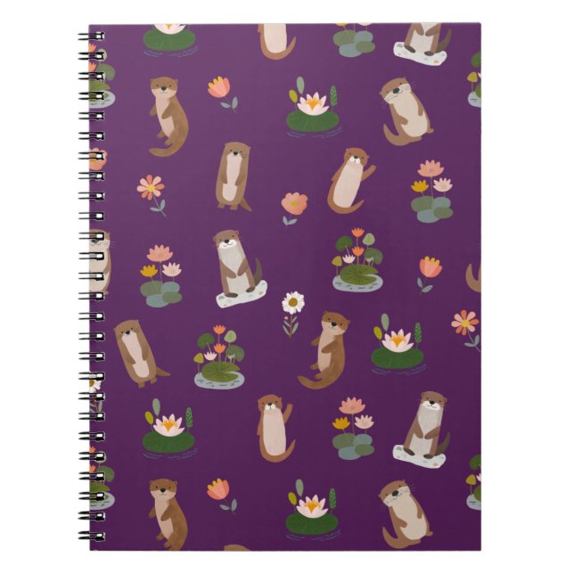 Caderno Espiral Lontra & Folhas de Nenúfar em Roxo Escuro (Frente)