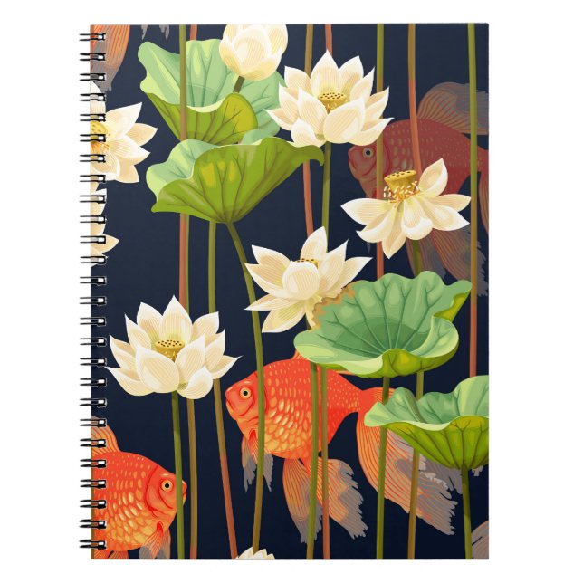 Caderno Espiral Lótus branco, peixe: padrão uniforme. (Frente)