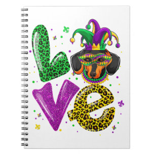 Caderno Espiral LOVE Dachshund Dog Mask Xadrez Leopard Mardi Gras