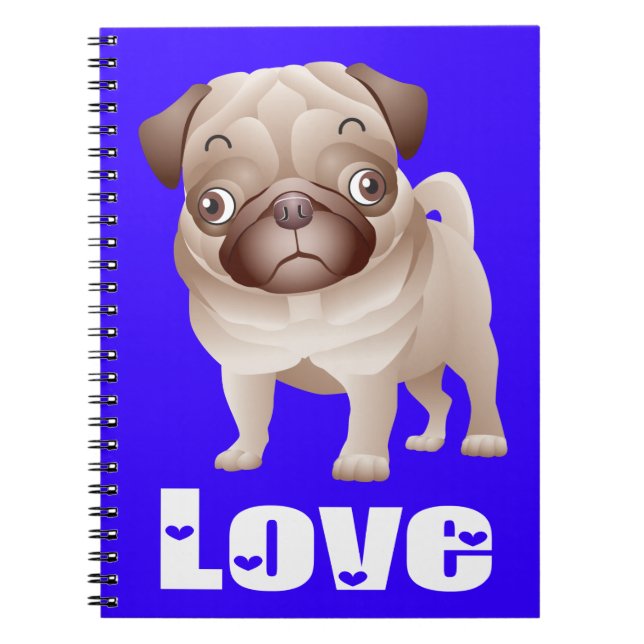 Caderno Espiral Love Pug Puppy Dog Blue Nobook / Diário (Frente)