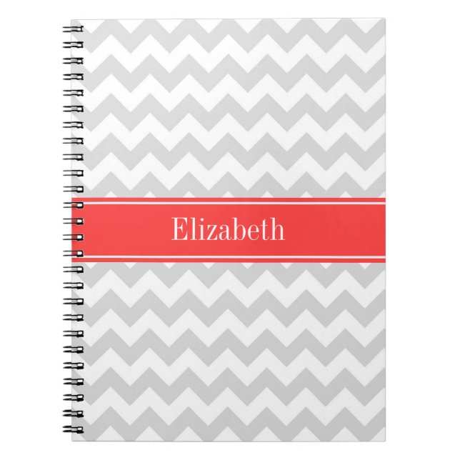 Caderno Espiral Lt Gray Wht Chevron Coral Red Name Monograma (Frente)