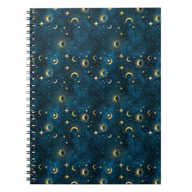 Caderno Espiral Lua Azul Celestial e Dourada do Crescente Noturno  (Frente)